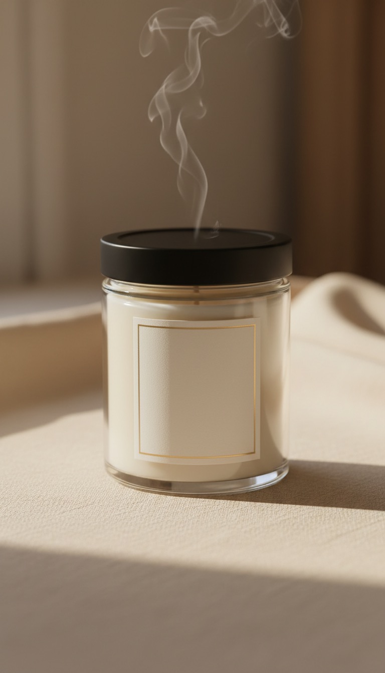 A Busy Believer soy candle held in hand beside a matchbox and a black brand card